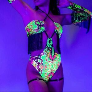 FRW - Intensity Vibrant Neon Fringe Bodysuit by FREEDOM RAVE WEAR NWT